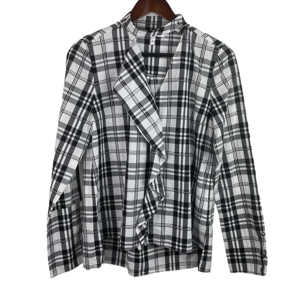 Derek Lam 10 Crosby | White Black Plaid Ruffle Cut Out Neckline Blouse